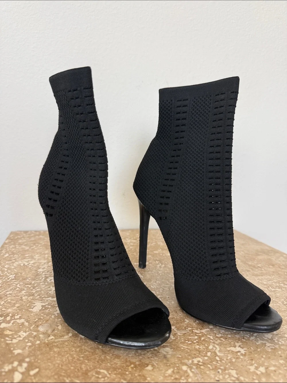 Steve Madden Black Knit Peep-Toe Stiletto Booties